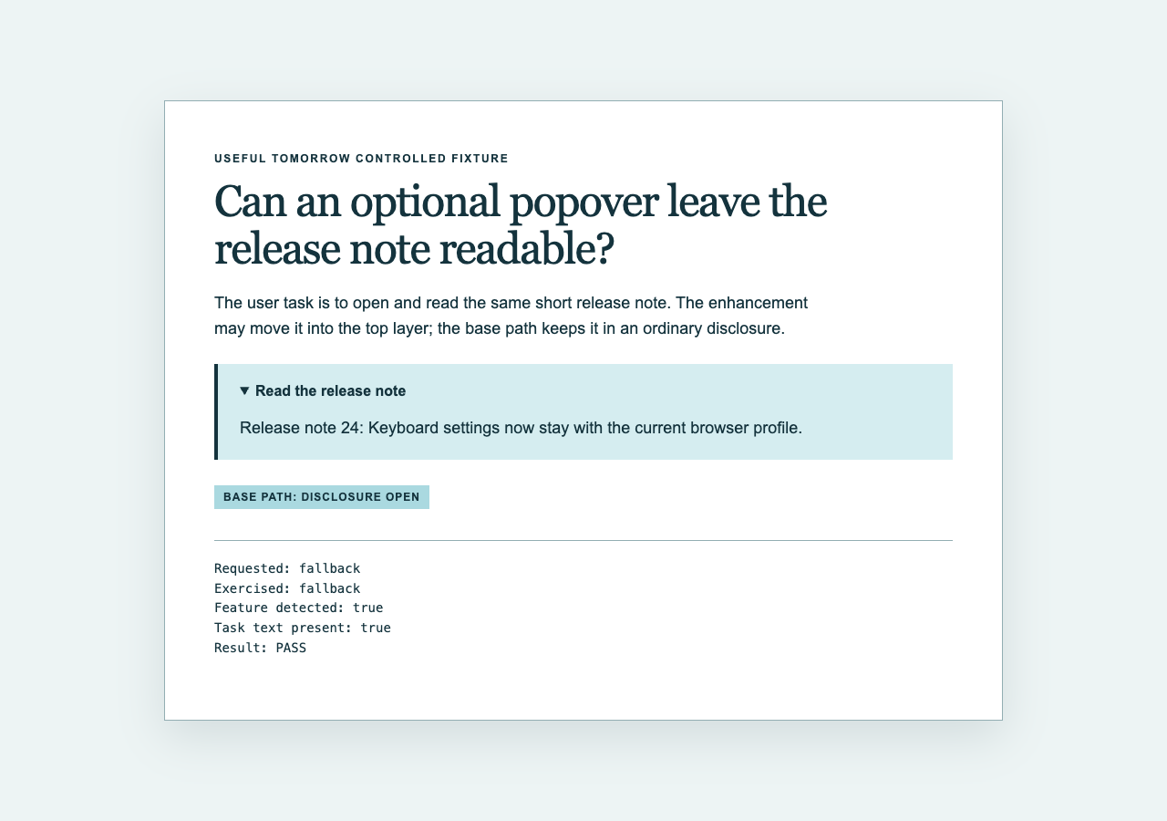Controlled Chrome fixture with the release note visible in an open disclosure and a PASS observation below
